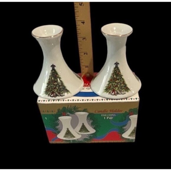 Vintage Set of 2 Fine China Christmas Tree Design Candle Holders w/Box - Picture 6 of 6